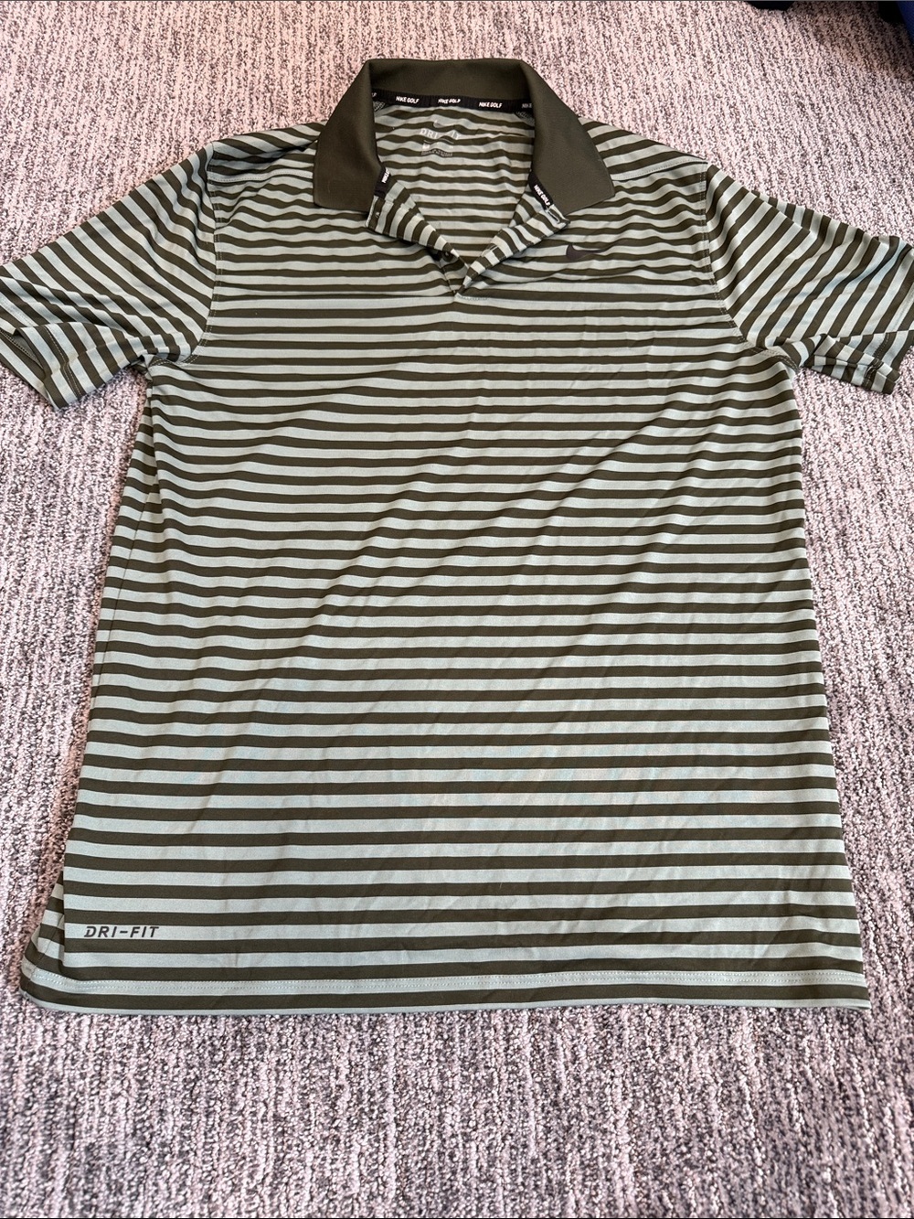 Nike Dri-Fit Golf Olive and Light Green Striped Polo Shirt